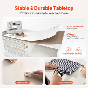 Folding Sewing Table | White | Lockable Wheels & Storage Shelves