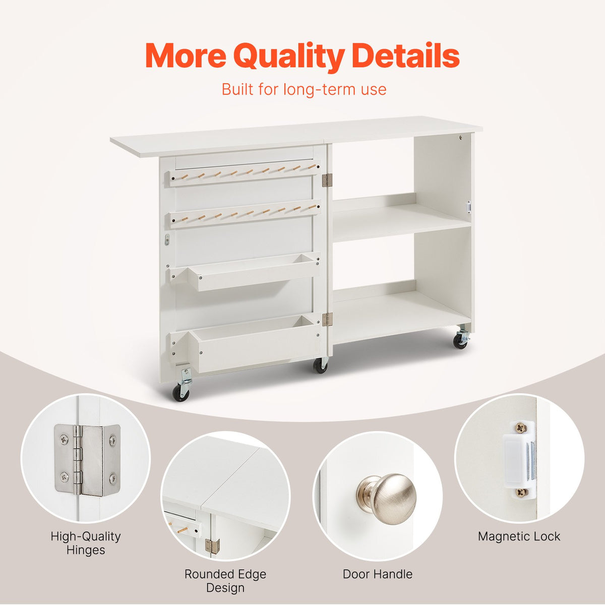 Folding Sewing Table | White | Lockable Wheels & Storage Shelves