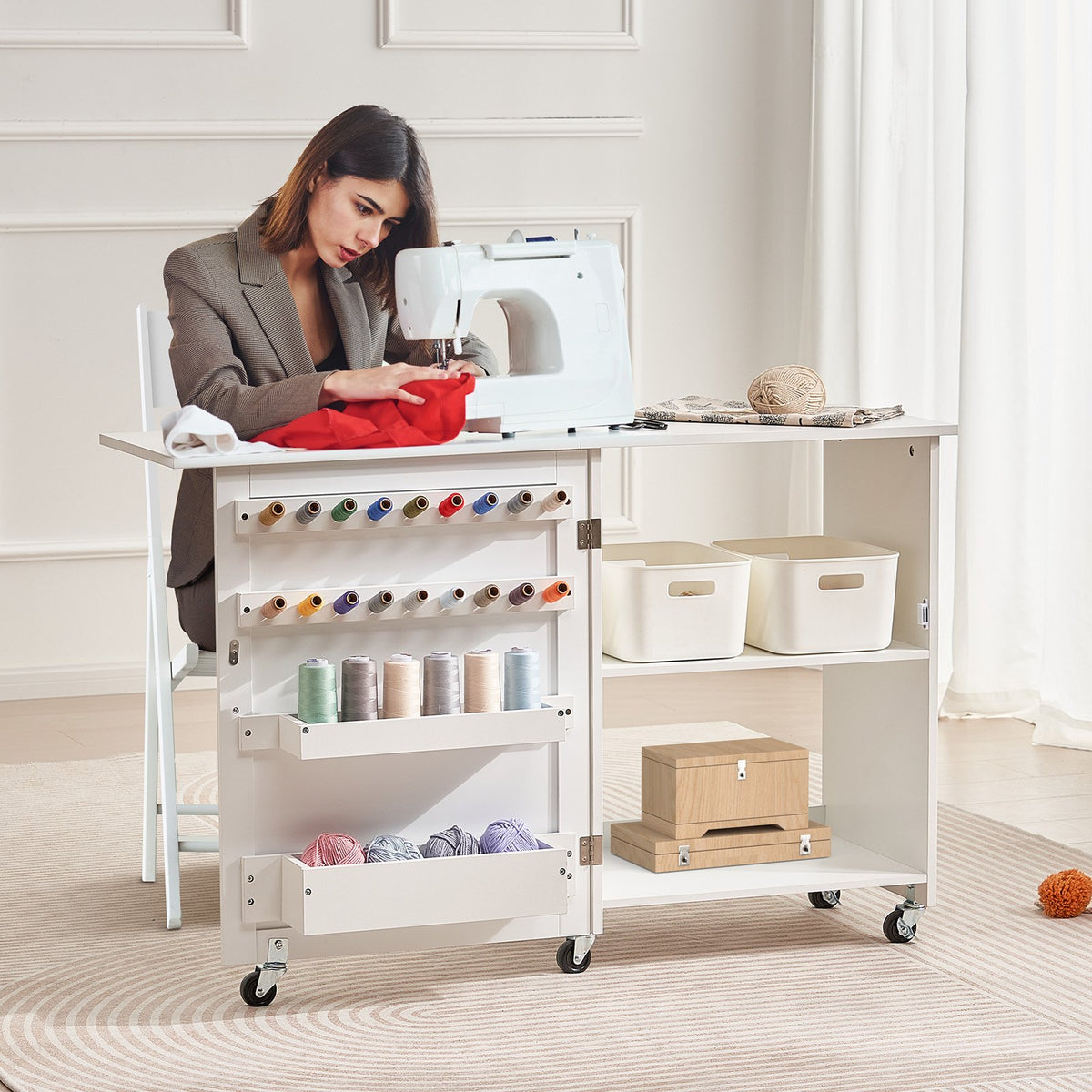 Folding Sewing Table | White | Lockable Wheels & Storage Shelves