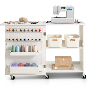 Folding Sewing Table | White | Lockable Wheels & Storage Shelves
