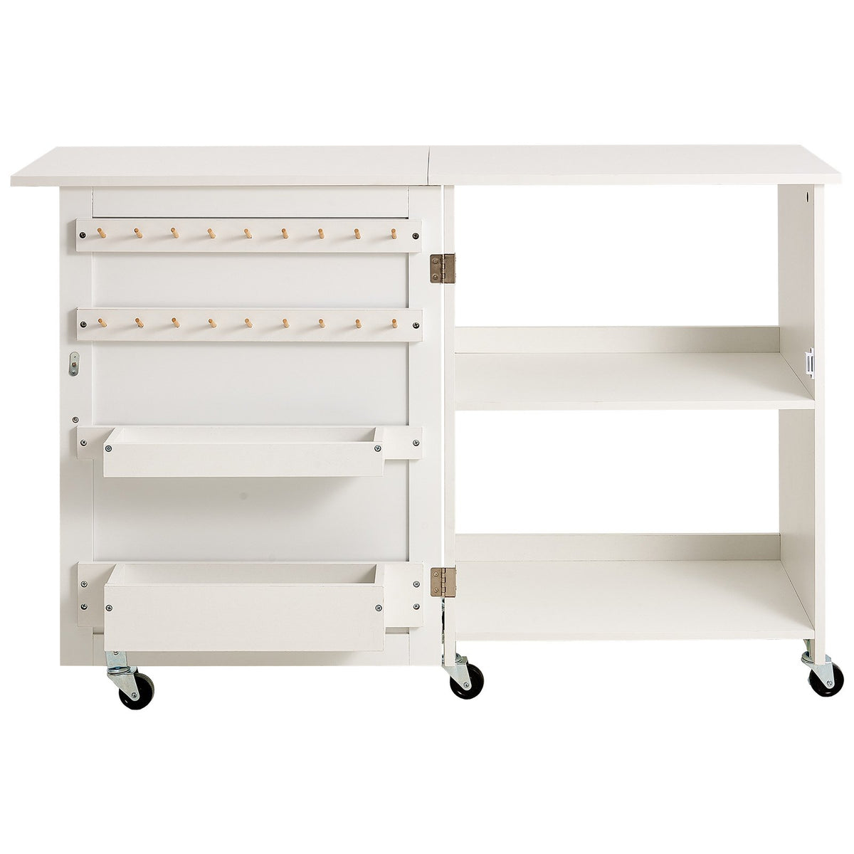 Folding Sewing Table | White | Lockable Wheels & Storage Shelves