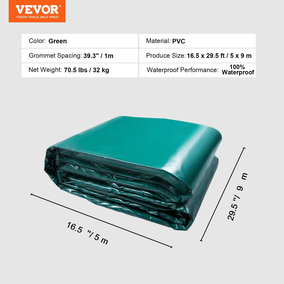 PVC Waterproof Tarp 16.5x29.5ft | Heavy Duty Green Tarpaulin with Grommets & Reinforced Edges