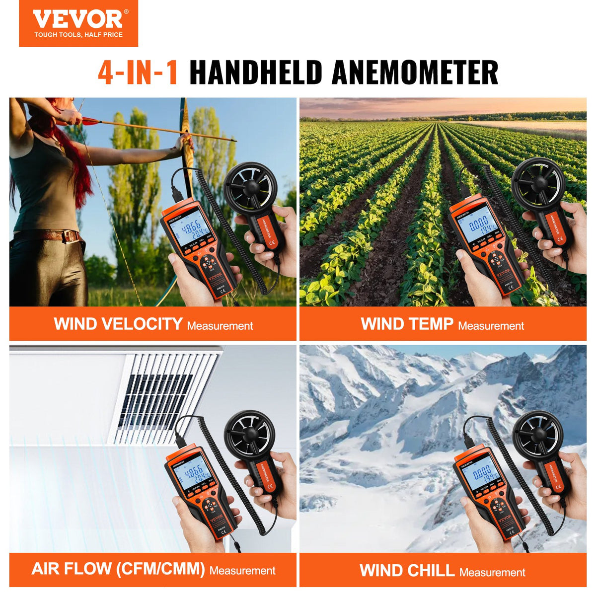Handheld Anemometer | Digital Wind Speed, Temperature & CFM Meter with Backlight