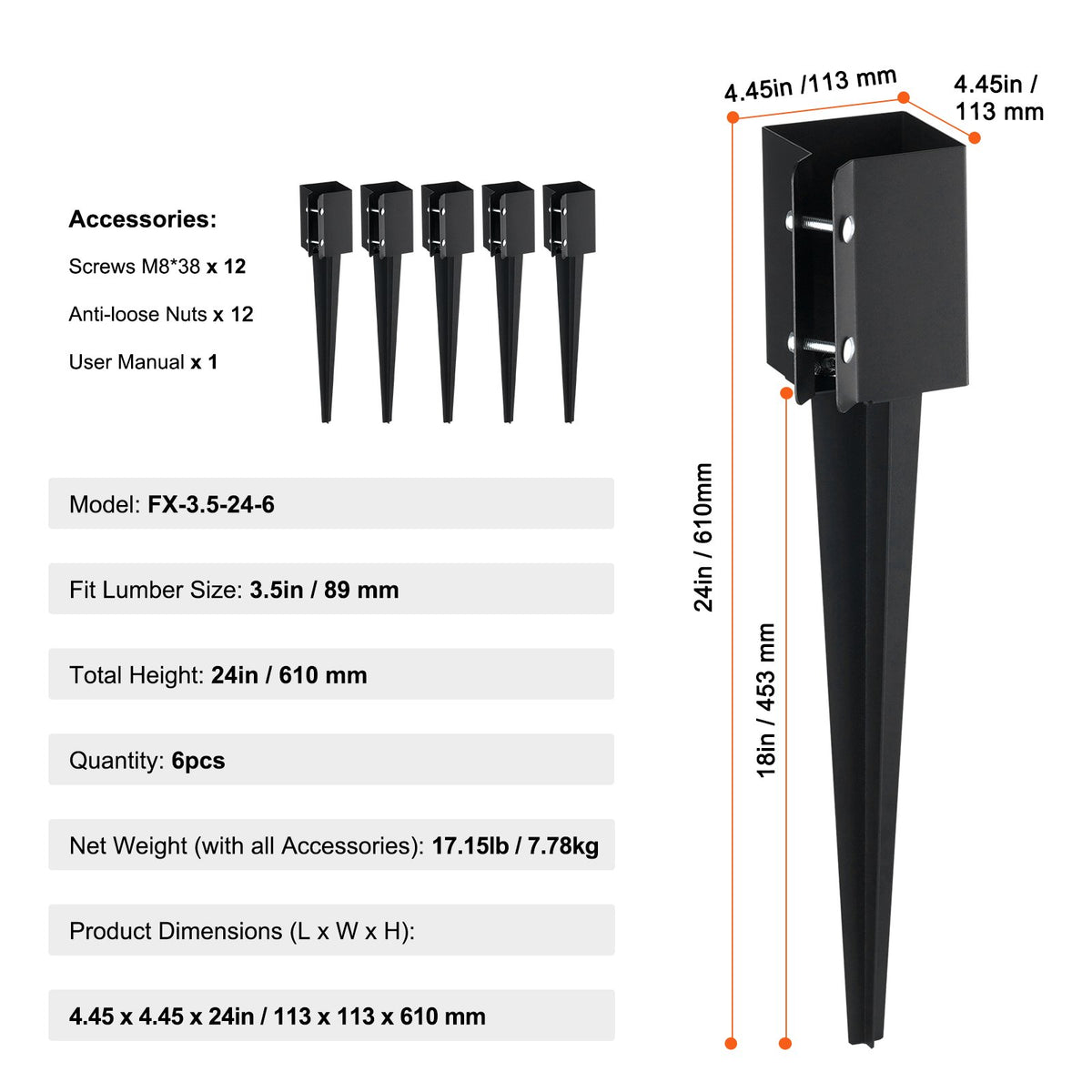 Fence Post Anchors | 6-Pack 24"x4"x4" Ground Spikes for Metal Fence Posts