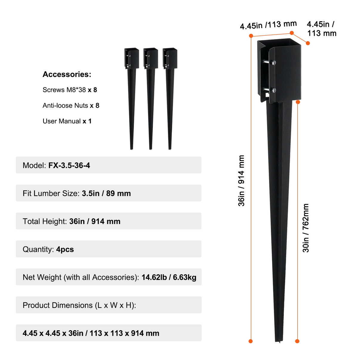 Fence Post Anchors | 4-Pack 36"x4"x4" Ground Spikes for Metal Fence Posts