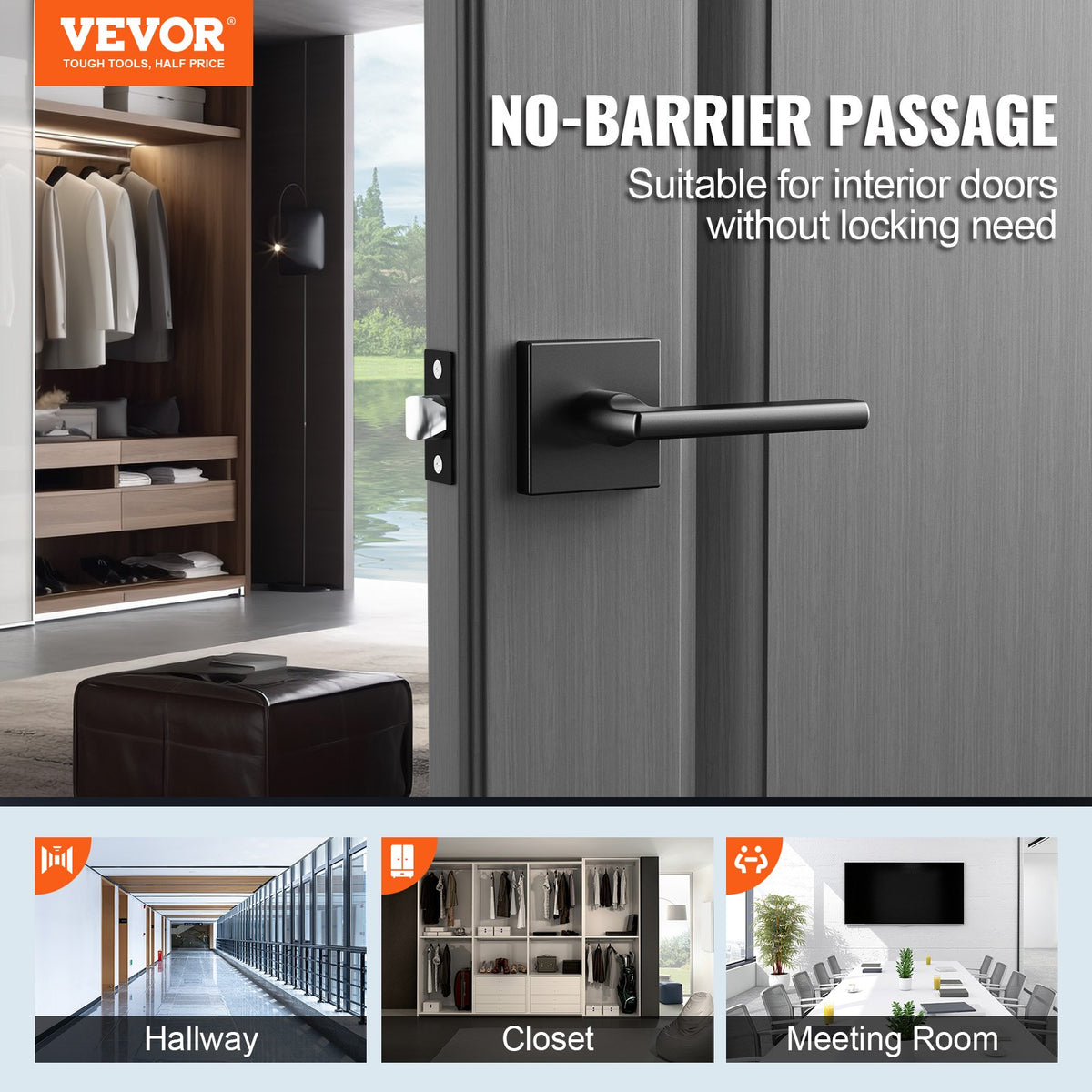 Passage Door Handle 1 Pack | Matte Black Lever | Left or Right Reversible | Non-Locking Interior Door Handle for Hallways, Closets & Meeting Rooms