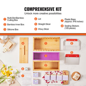 Soap Making Kit | Bamboo Cutting Box & Silicone Mould | Stainless Steel Straight & Wavy Cutter | 100 Bags & 105 Stickers | DIY Soap Making Supplies