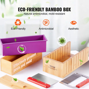 Soap Making Kit | Bamboo Cutting Box & Silicone Mould | Stainless Steel Straight & Wavy Cutter | 100 Bags & 105 Stickers | DIY Soap Making Supplies