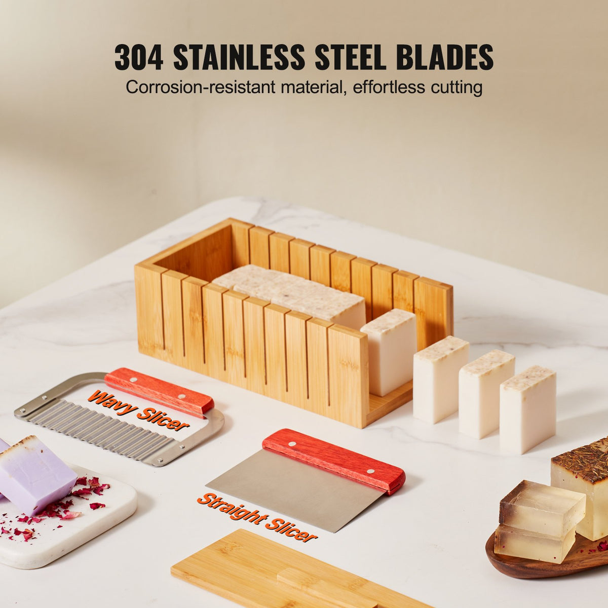 Soap Making Kit | Bamboo Cutting Box & Silicone Mould | Stainless Steel Straight & Wavy Cutter | 100 Bags & 105 Stickers | DIY Soap Making Supplies