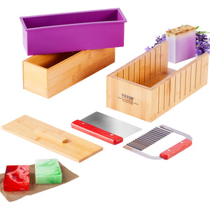 Soap Making Kit | Bamboo Cutting Box & Silicone Mould | Stainless Steel Straight & Wavy Cutter | 100 Bags & 105 Stickers | DIY Soap Making Supplies