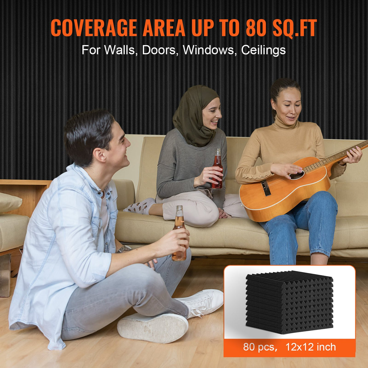 Acoustic Foam Panels | 80-Pack 12"x12"x1" Soundproof Tiles