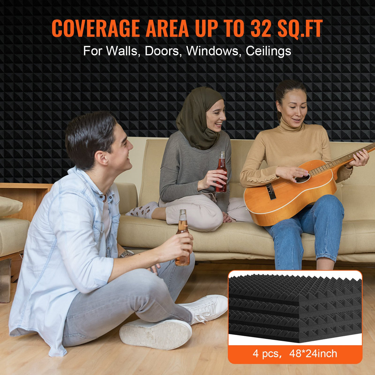 Acoustic Foam Panels 4 Pack | 48" x 24" x 2" | For Soundproofing Walls & Ceilings