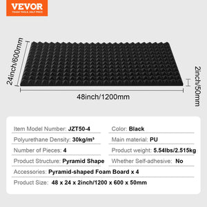 Acoustic Foam Panels 4 Pack | 48" x 24" x 2" | For Soundproofing Walls & Ceilings