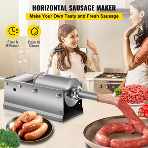 Manual Sausage Stuffer 3L | Dual Speed Horizontal Stainless Steel Meat Stuffer | Includes 5 Filling Tubes | For Home & Commercial Use