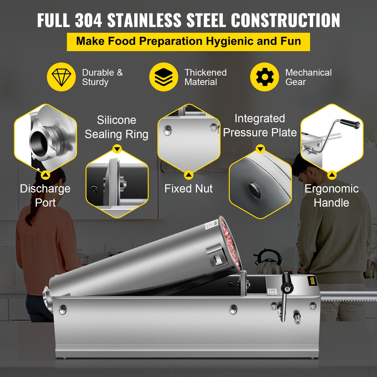 Manual Sausage Stuffer 7L | Dual Speed Horizontal 304 Stainless Steel Meat Stuffer | Includes 5 Filling Tubes | For Home & Commercial Use