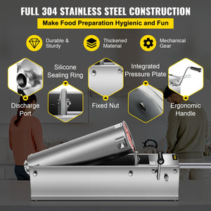 Manual Sausage Stuffer 7L | Dual Speed Horizontal 304 Stainless Steel Meat Stuffer | Includes 5 Filling Tubes | For Home & Commercial Use