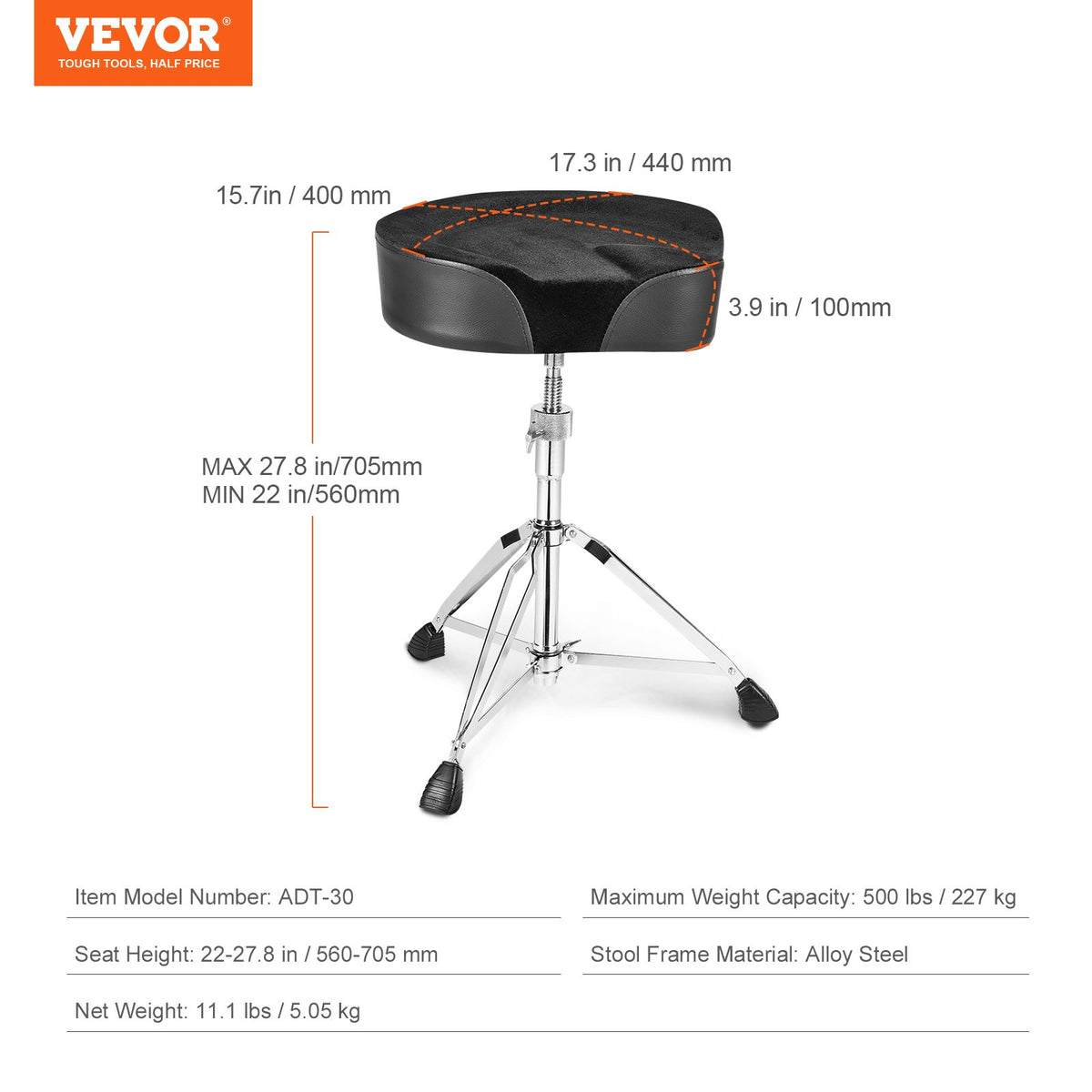 Drum Throne | 560–705mm Adjustable Padded Stool with Drumsticks | 227kg Capacity