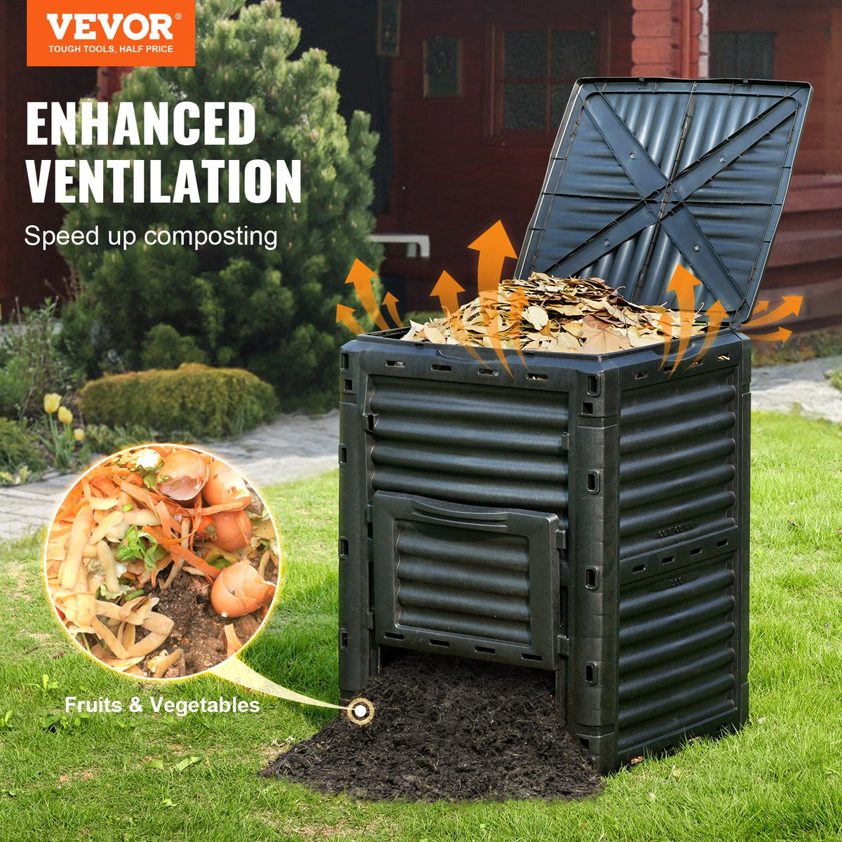 Garden Compost Bin 300L | Outdoor Composting Bin with Top Lid & Bottom Door