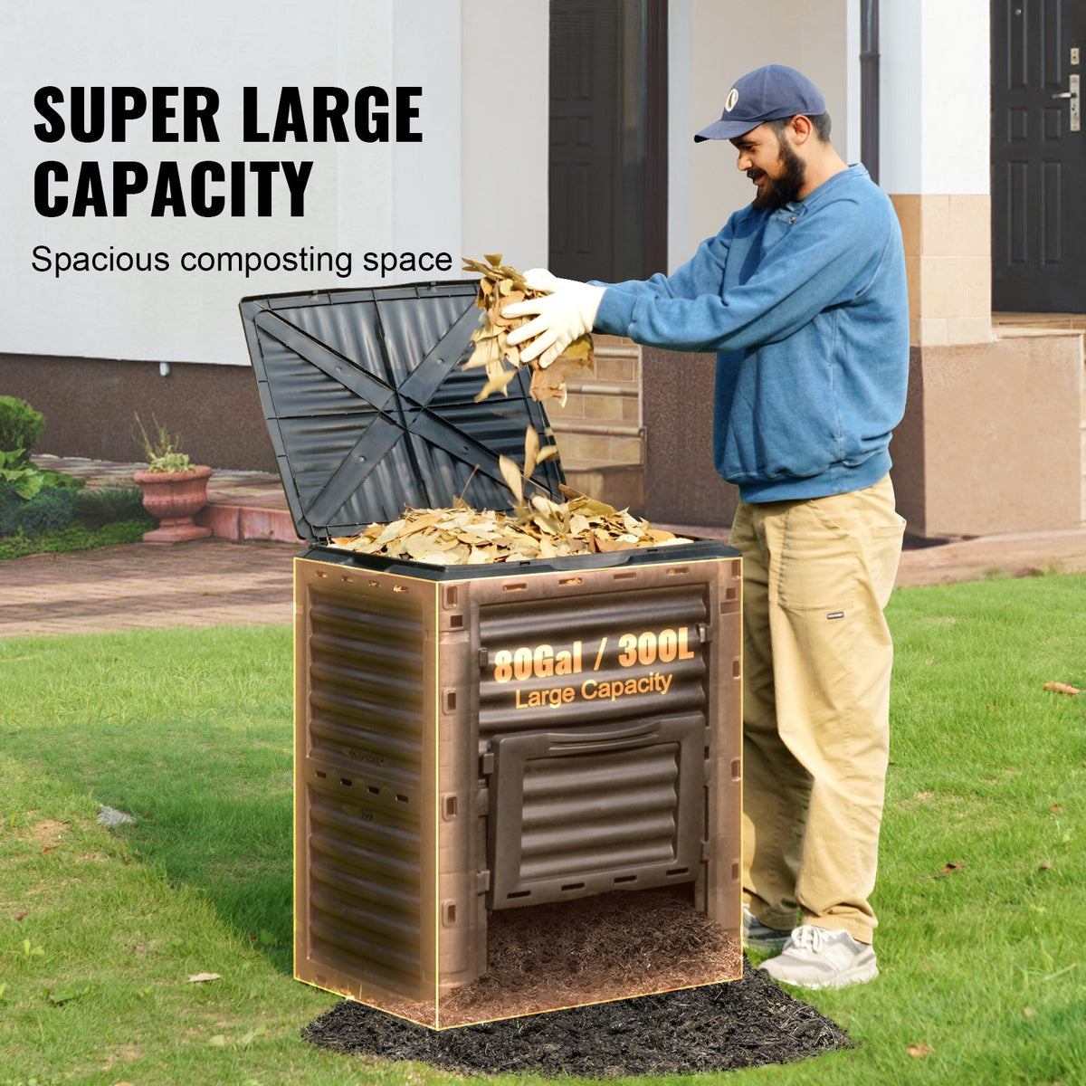 Garden Compost Bin 300L | Outdoor Composting Bin with Top Lid & Bottom Door