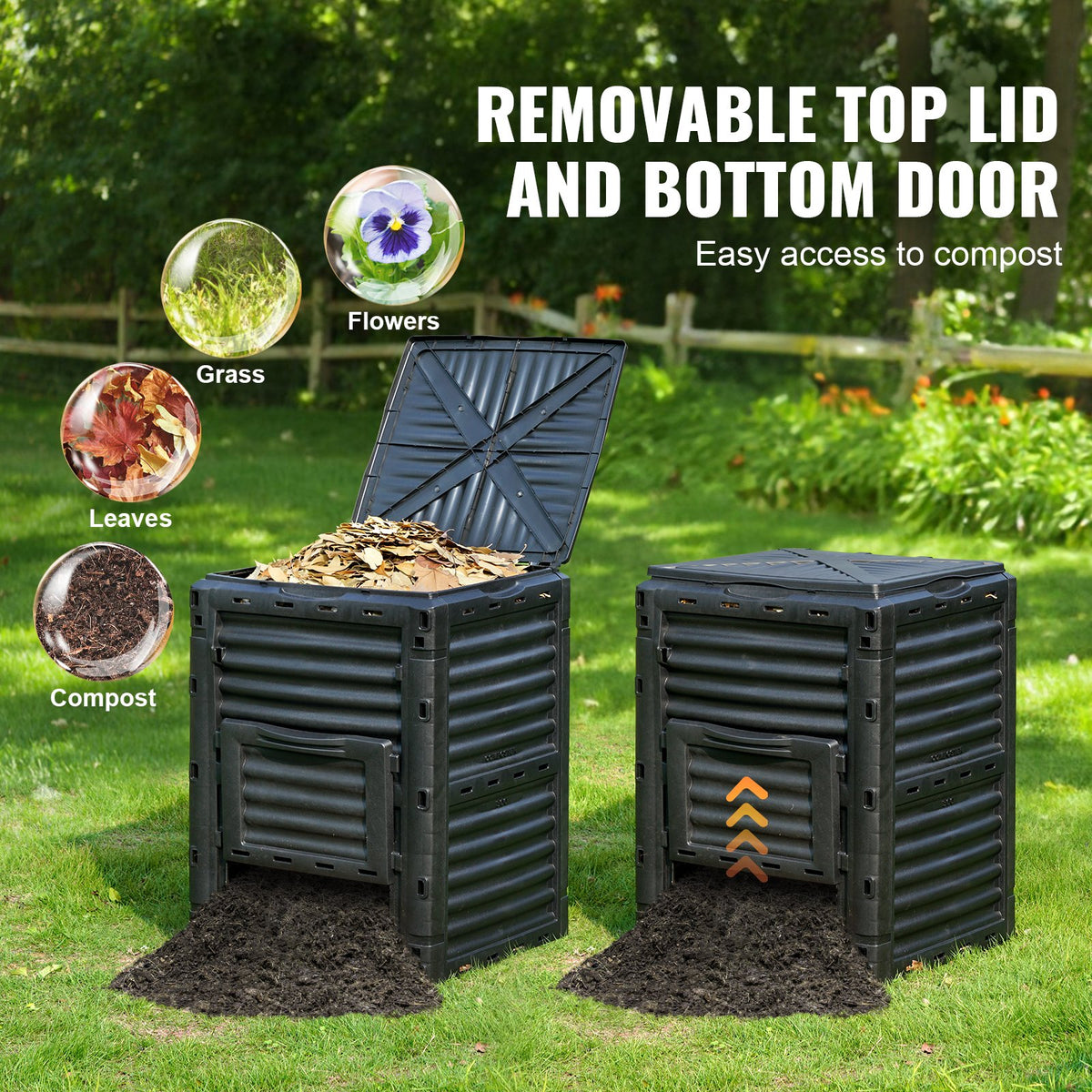 Garden Compost Bin 300L | Outdoor Composting Bin with Top Lid & Bottom Door