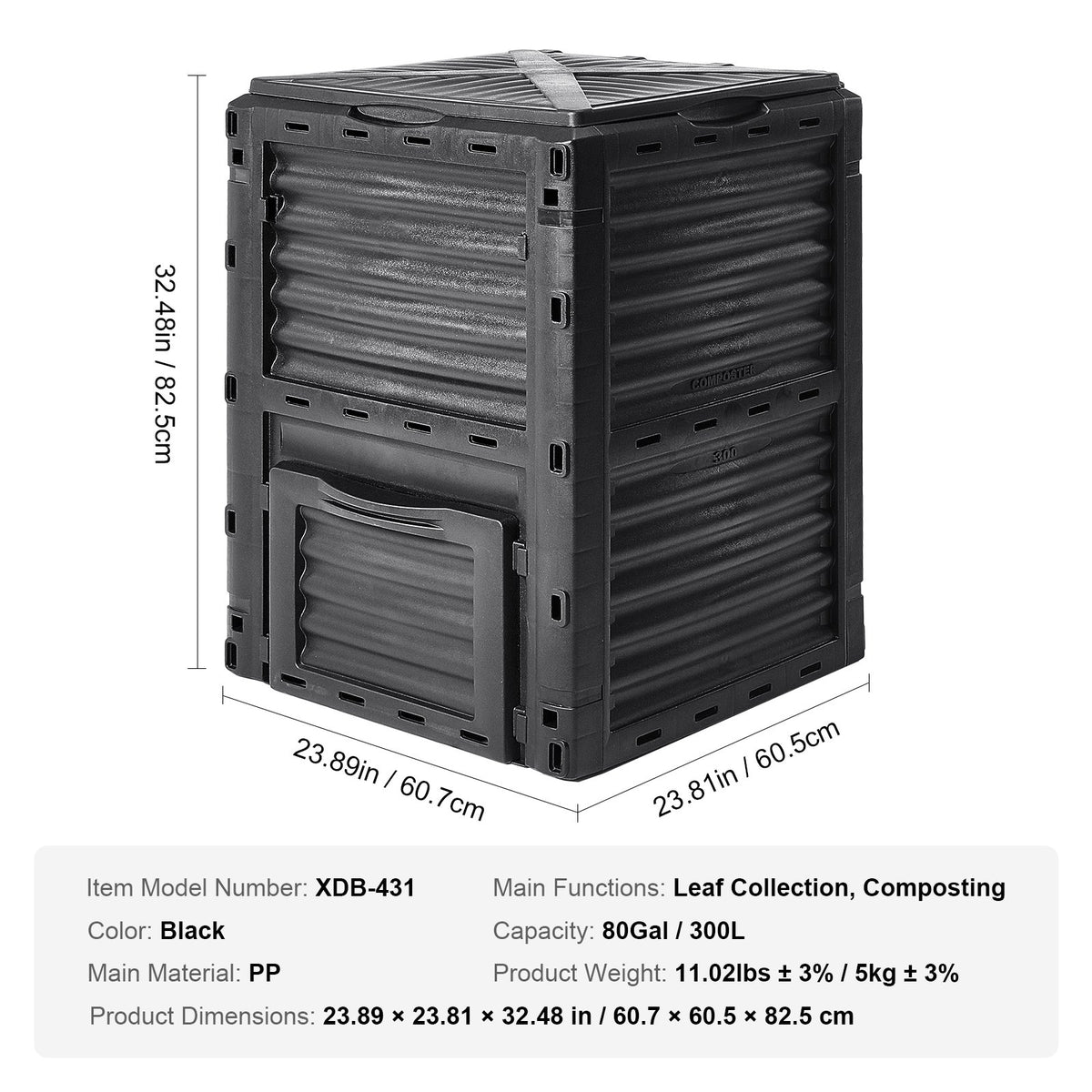 Garden Compost Bin 300L | Outdoor Composting Bin with Top Lid & Bottom Door