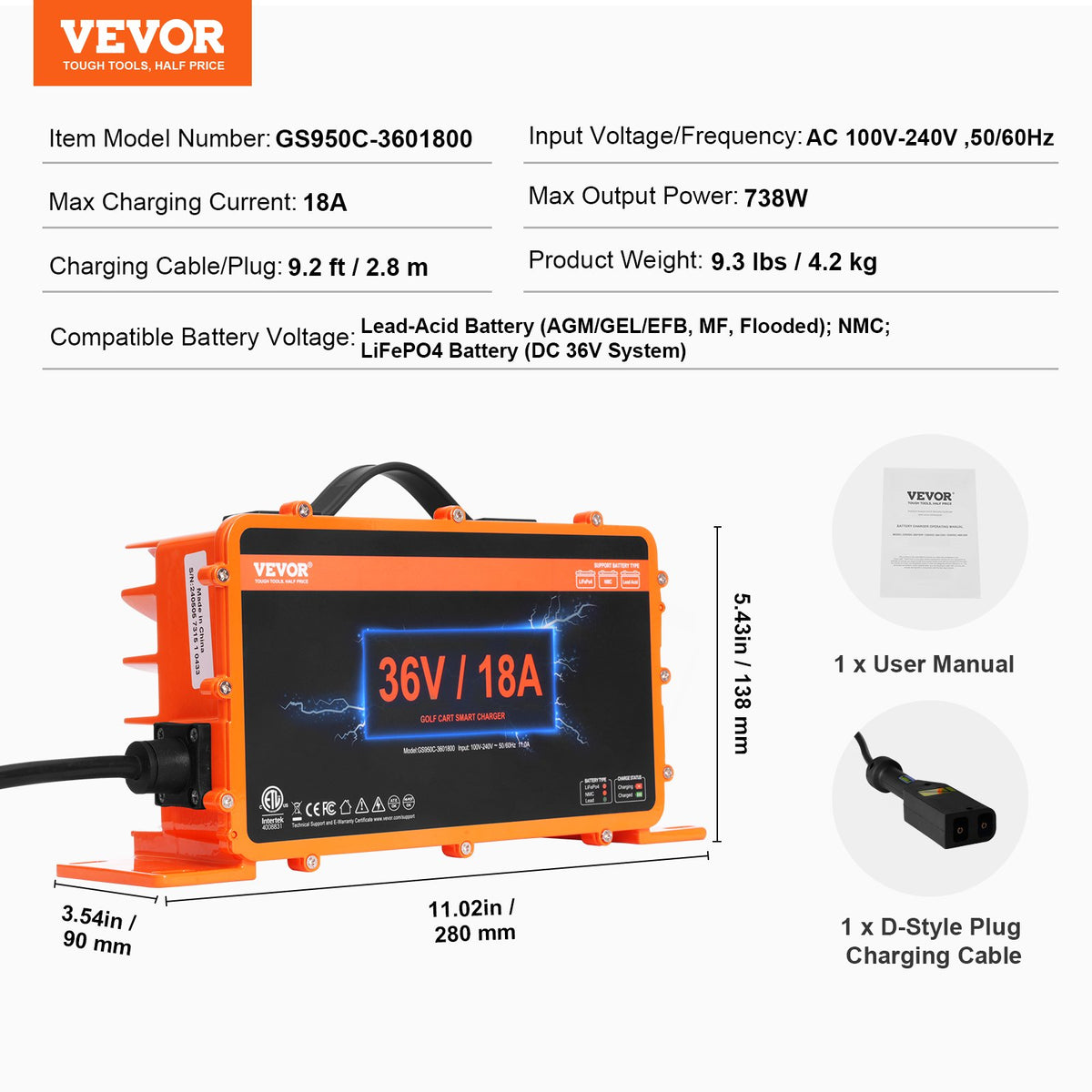 Golf Cart Charger | 18A Smart Battery Charger for EZGO D-Style | IP67