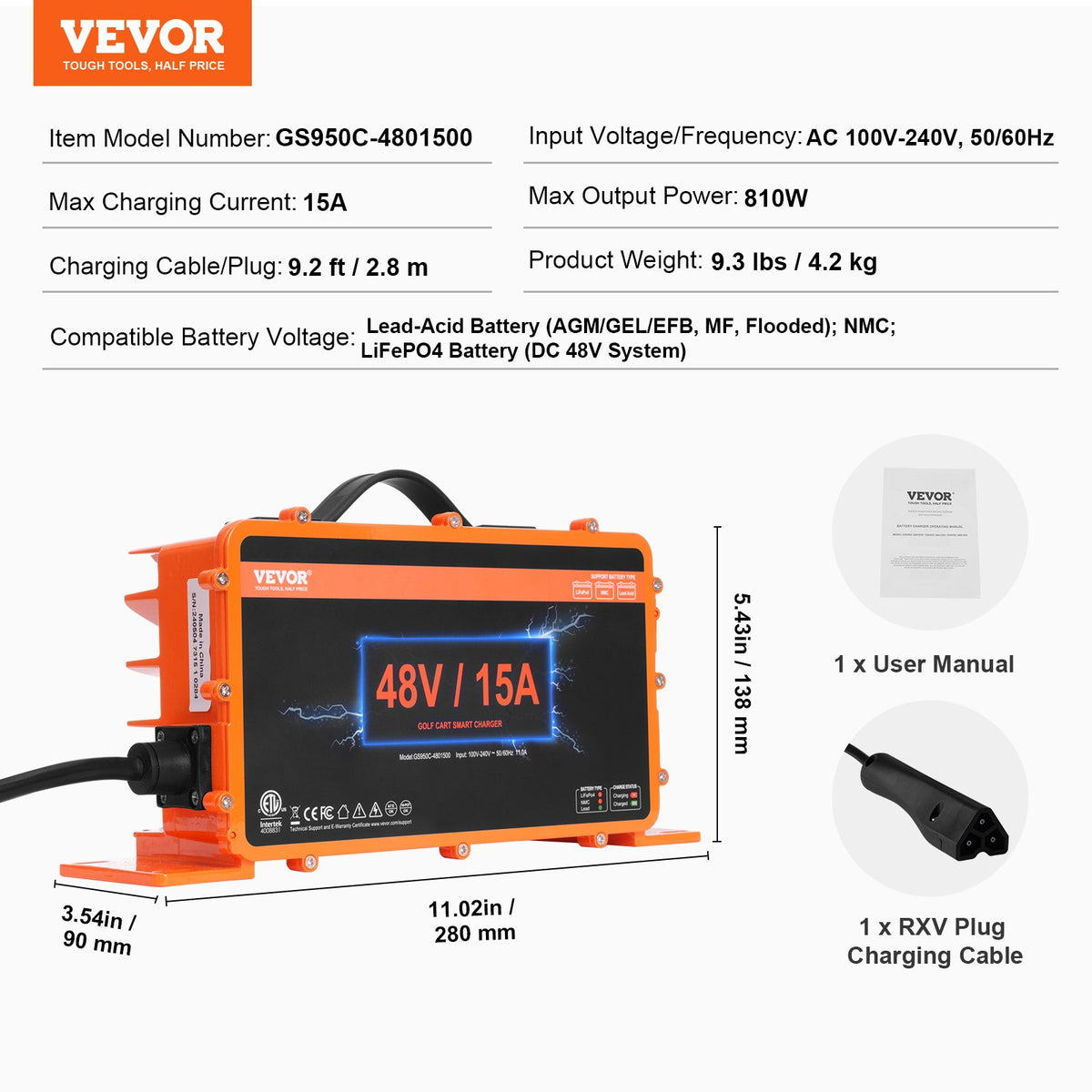 Golf Cart Battery Charger 15A | Smart Charger for EZGO TXT RXV | IP67 ETL Certified