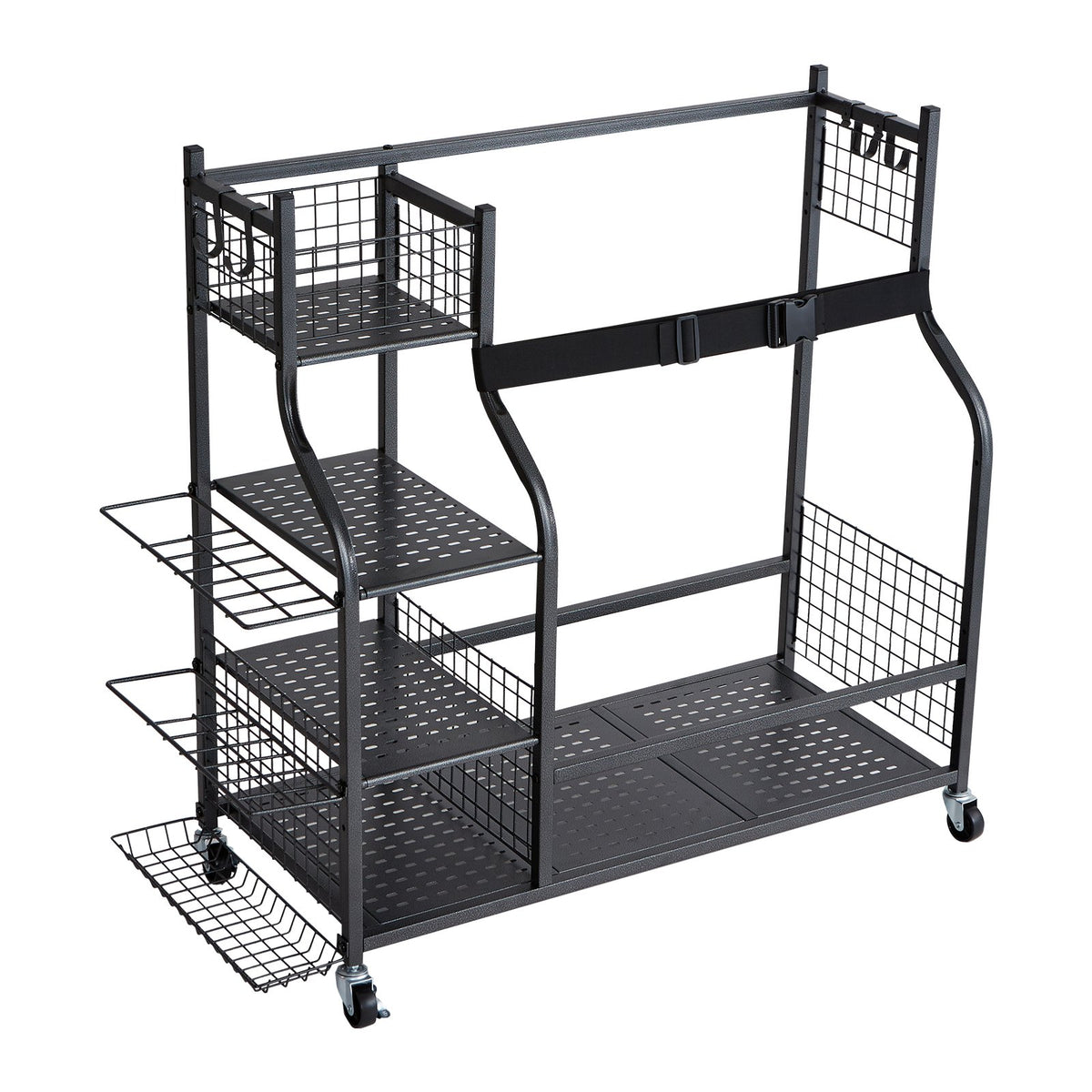 Golf Storage Rack | 2 Bag Stand Holder with Rolling Ball Cart & Hooks | Steel Black