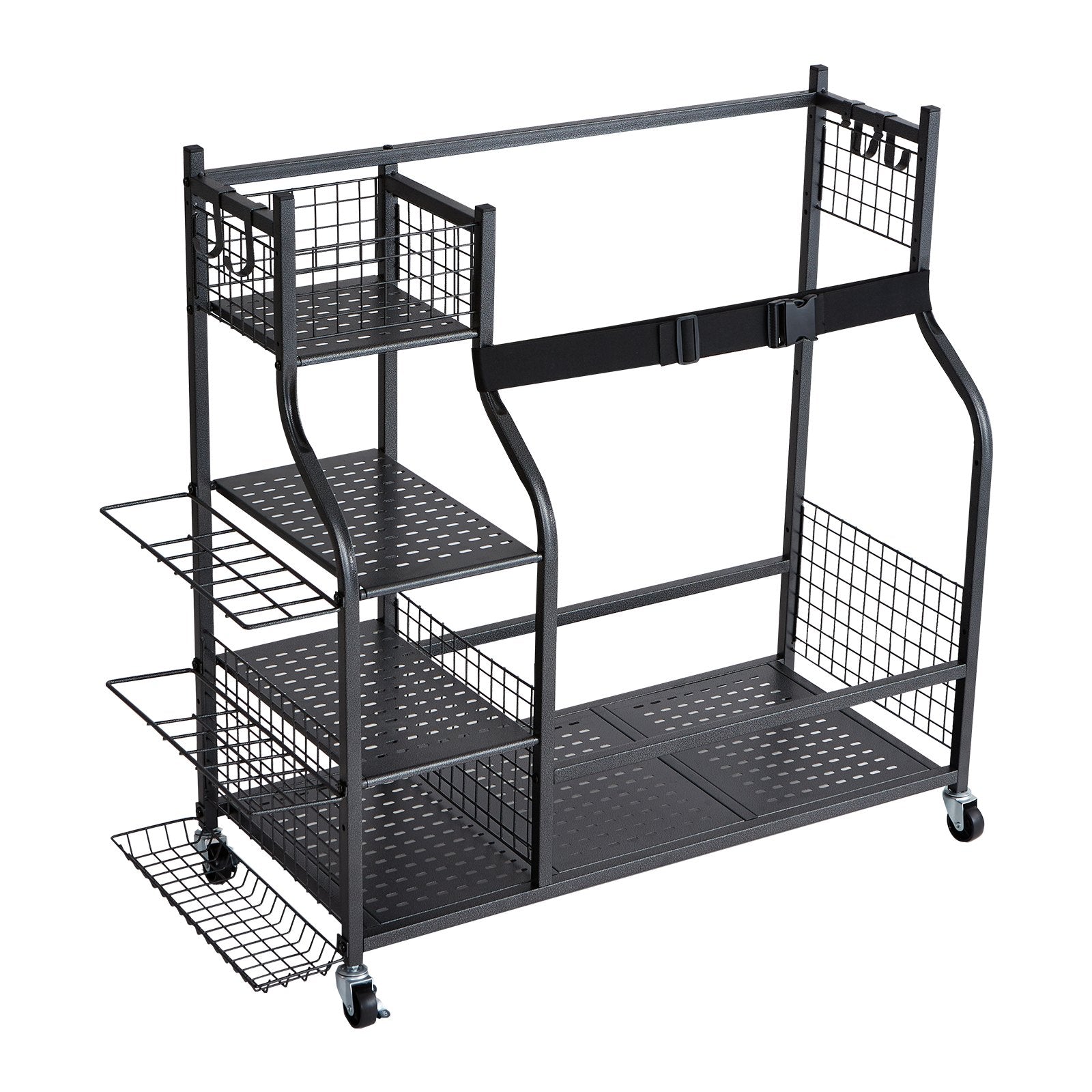 Golf Storage Rack | 2 Bag Stand Holder with Rolling Ball Cart & Hooks | Steel Black