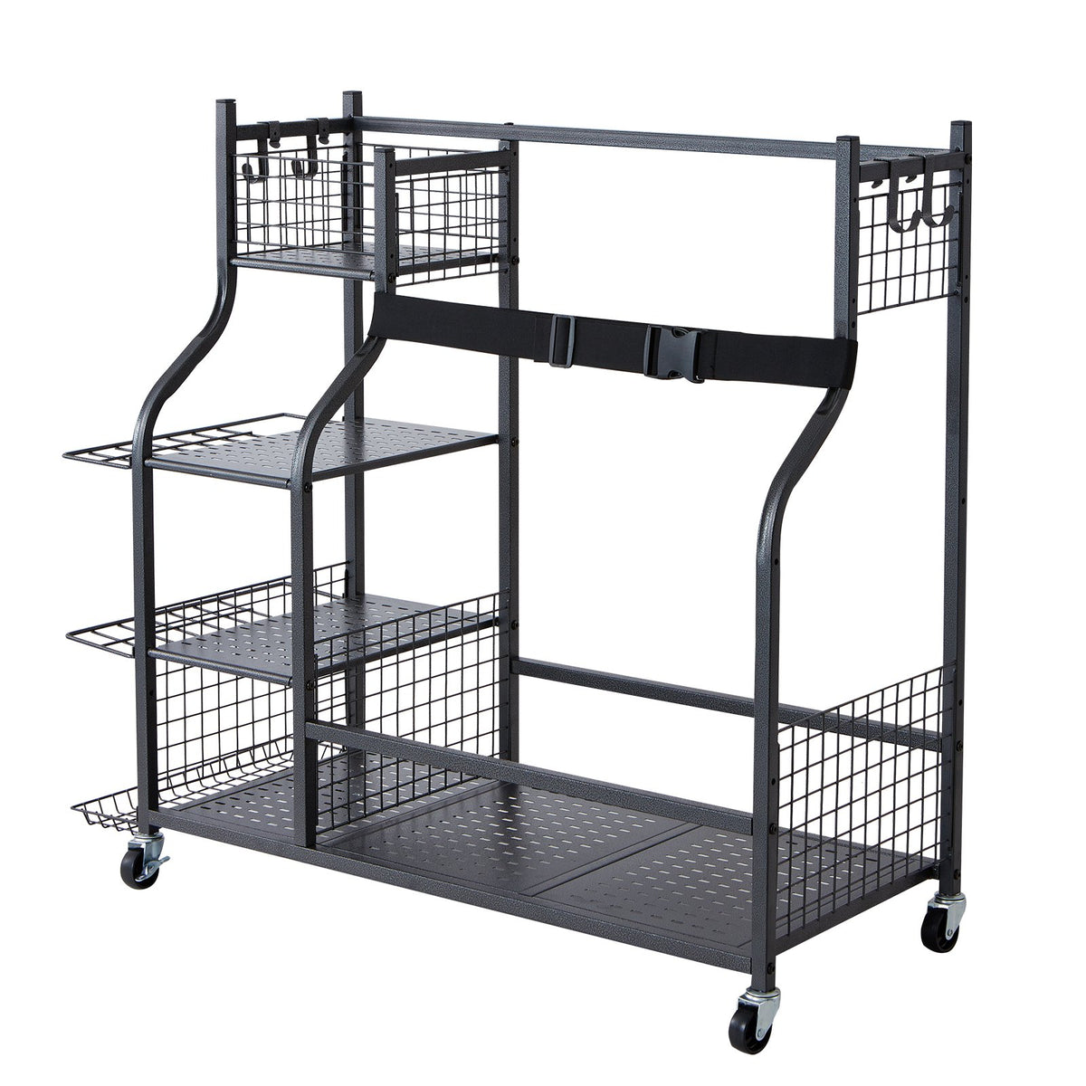 Golf Storage Rack | 2 Bag Stand Holder with Rolling Ball Cart & Hooks | Steel Black