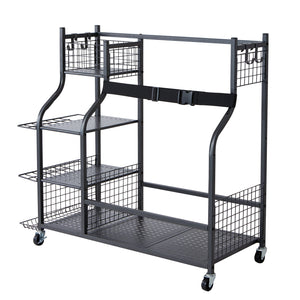 Golf Storage Rack | 2 Bag Stand Holder with Rolling Ball Cart & Hooks | Steel Black