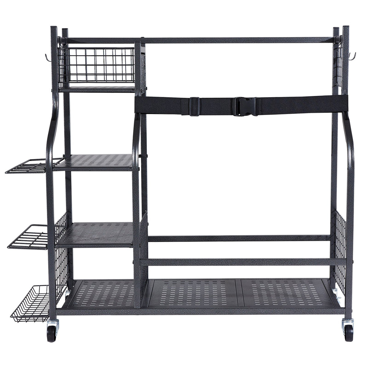 Golf Storage Rack | 2 Bag Stand Holder with Rolling Ball Cart & Hooks | Steel Black