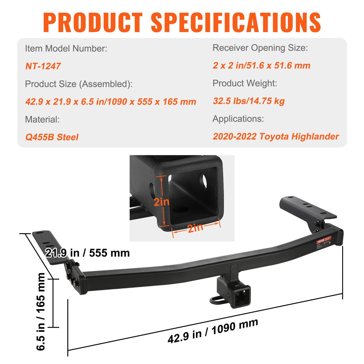Class 3 Trailer Hitch 2" Receiver | Q455B Steel Tube Frame | Fits 2020-2023 Toyota Highlander | For Ball Mount, Cargo Carrier & Bike Rack | Black
