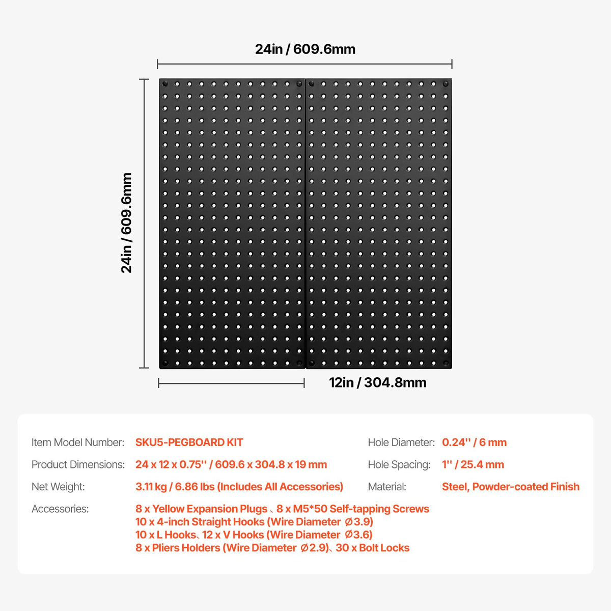 Metal Pegboard Panels | 609x305mm | 2 Wall Organizer Panels