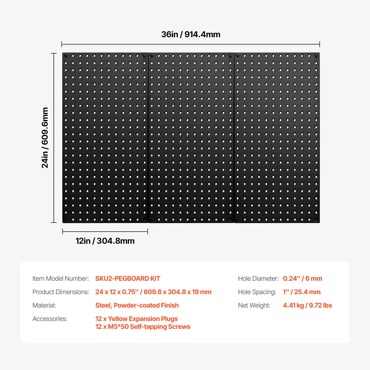 Metal Pegboard Panels | 609x305mm | 3 Wall Organizer Panels