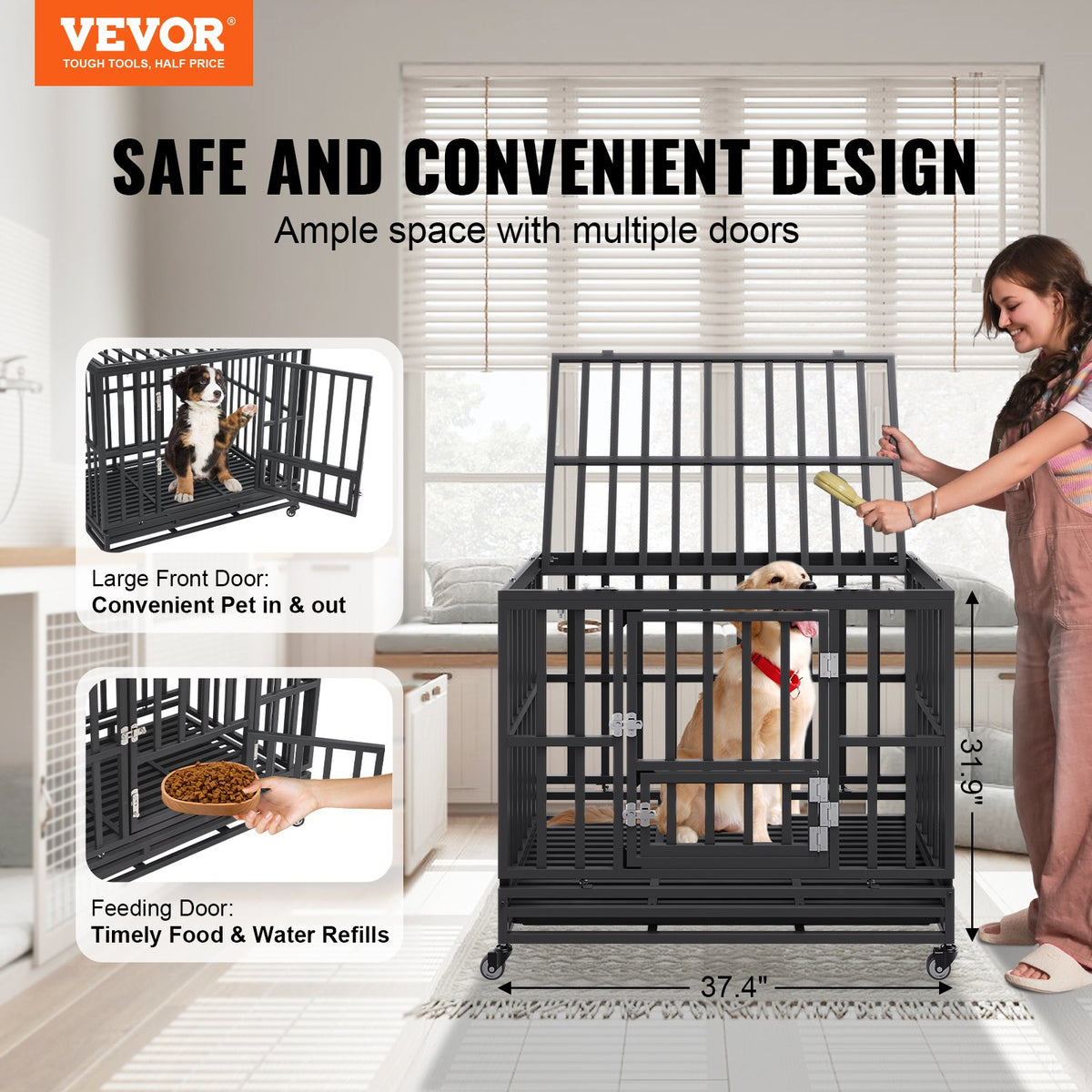 Heavy Duty Dog Crate | 38" Metal Kennel with Wheels & Removable Tray