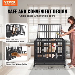 Heavy Duty Dog Crate | 38" Metal Kennel with Wheels & Removable Tray