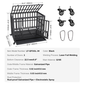 Heavy Duty Dog Crate | 38" Metal Kennel with Wheels & Removable Tray