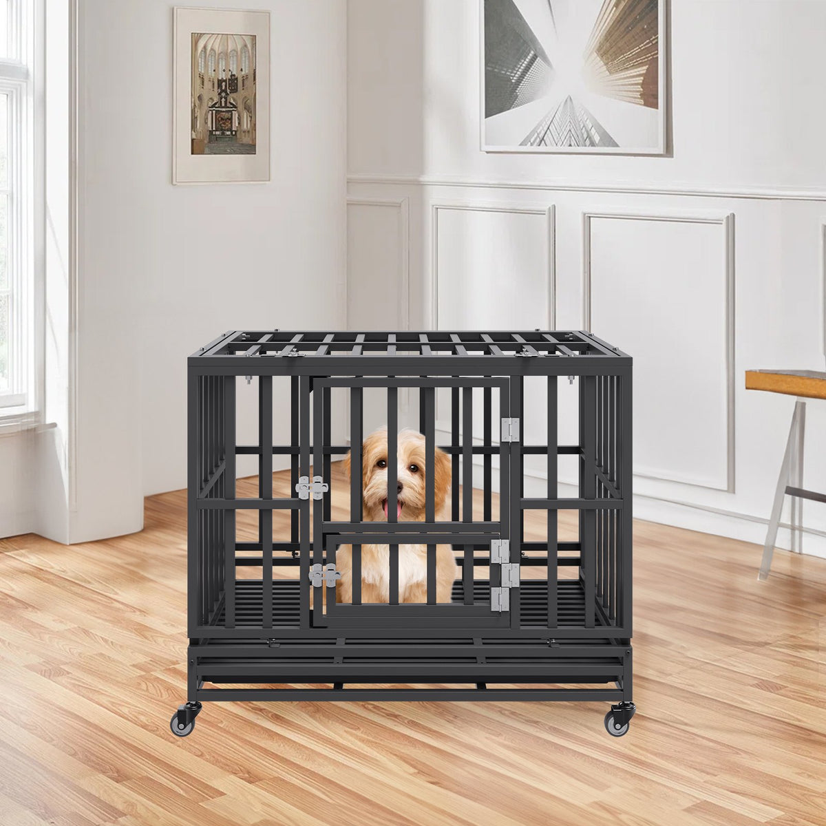 Heavy Duty Dog Crate | 38" Metal Kennel with Wheels & Removable Tray