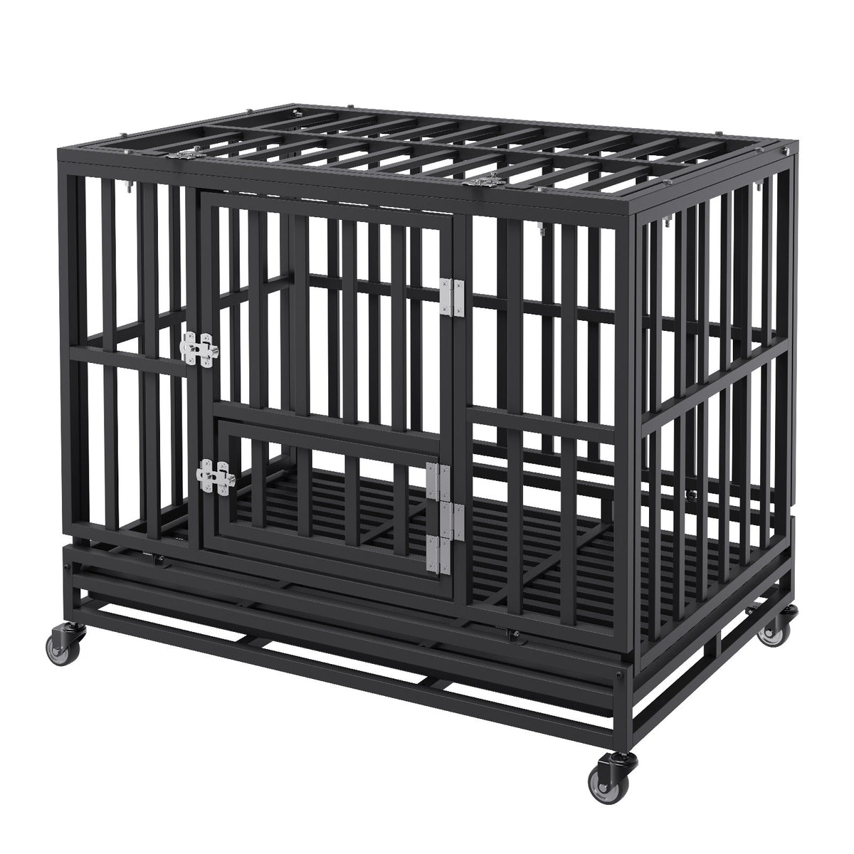 Heavy Duty Dog Crate | 38" Metal Kennel with Wheels & Removable Tray