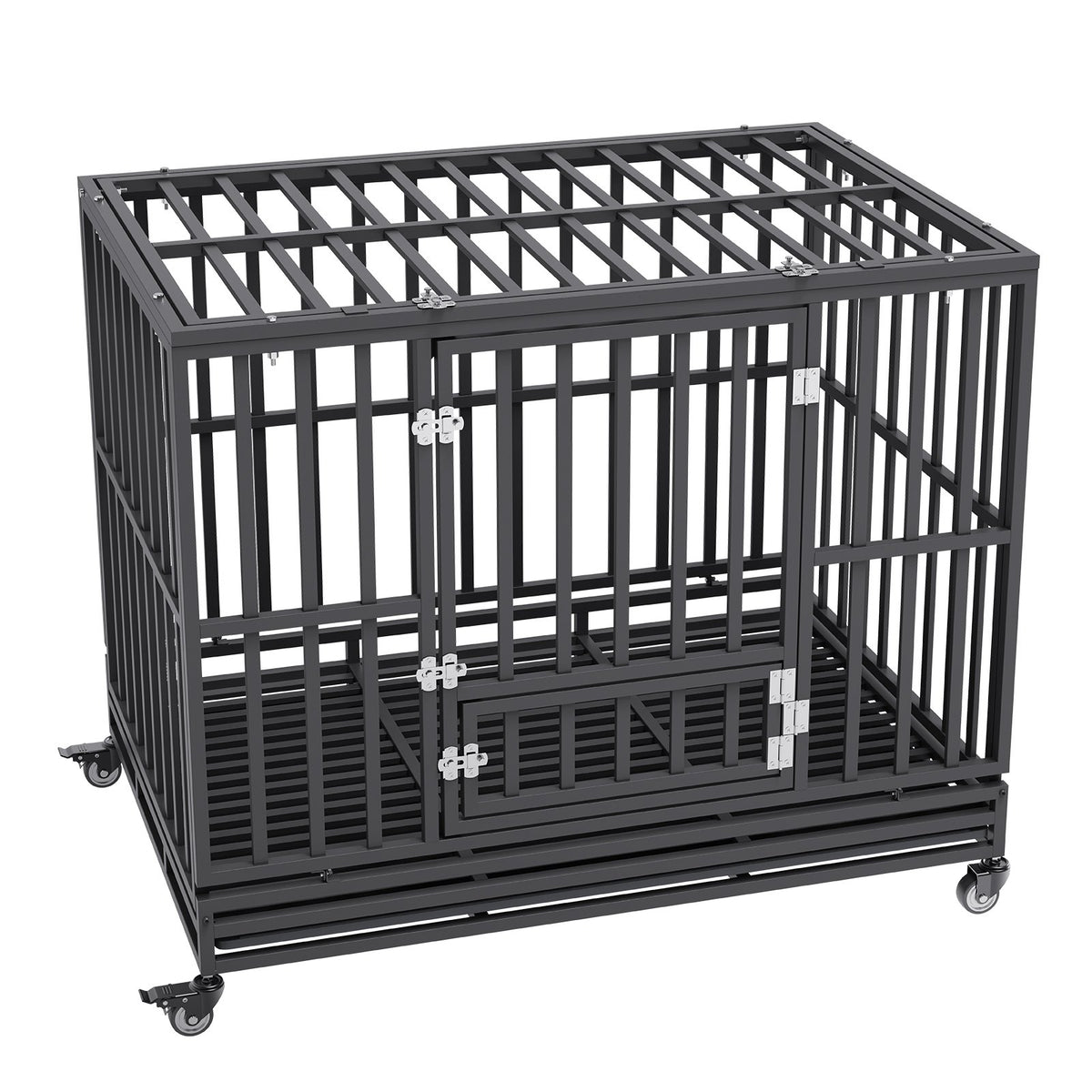 Heavy Duty Dog Crate 47 Inch | Indestructible Steel Kennel with 3 Doors | Lockable Wheels & Removable Tray | For Medium & Large Dogs | Indoor & Outdoor