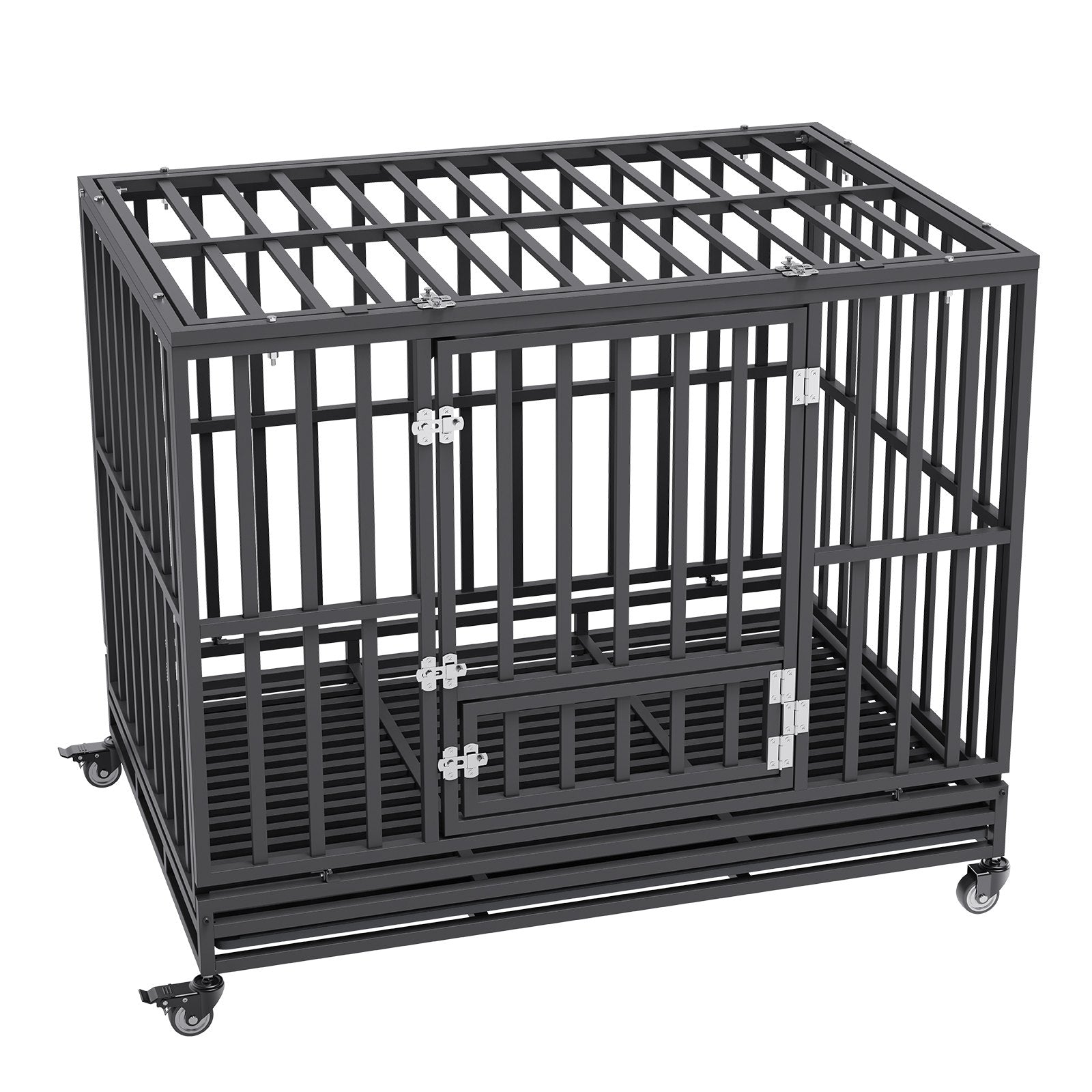 Heavy Duty Dog Crate 47 Inch | Indestructible Steel Kennel with 3 Doors | Lockable Wheels & Removable Tray | For Medium & Large Dogs | Indoor & Outdoor