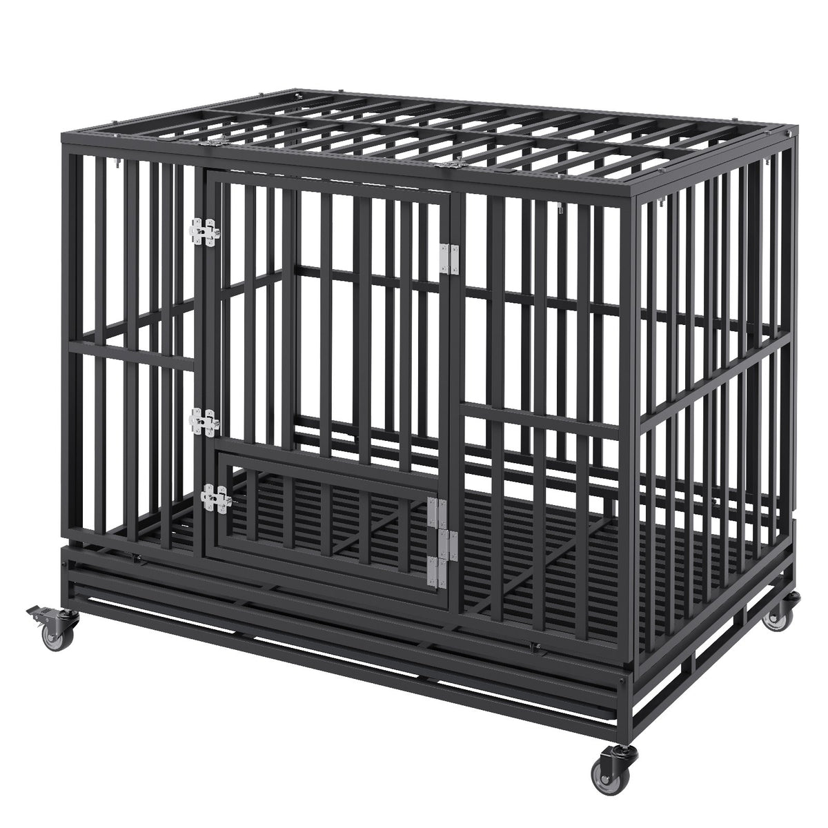 Heavy Duty Dog Crate 47 Inch | Indestructible Steel Kennel with 3 Doors | Lockable Wheels & Removable Tray | For Medium & Large Dogs | Indoor & Outdoor