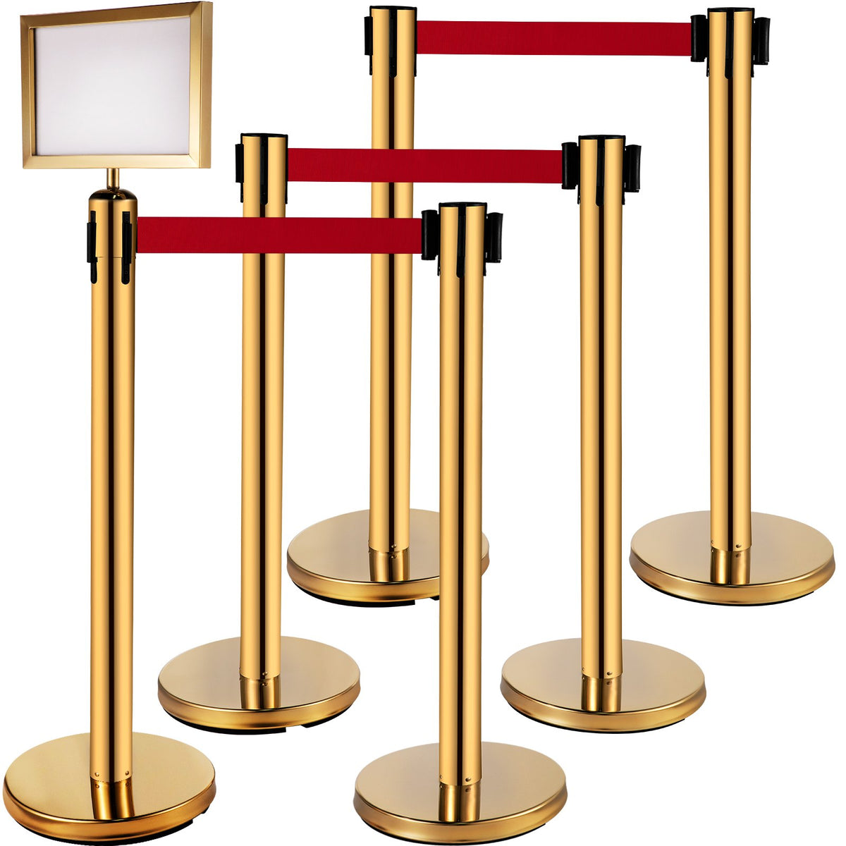 Stanchion Queue Barrier Set | 6 Stainless Steel Posts with Red Belts & Sign Frame | Gold Safety Line Dividers