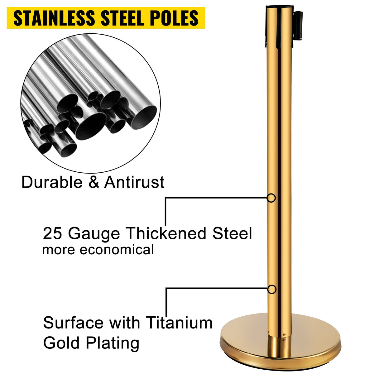Stanchion Queue Barrier Set | 6 Stainless Steel Posts with Red Belts & Sign Frame | Gold Safety Line Dividers