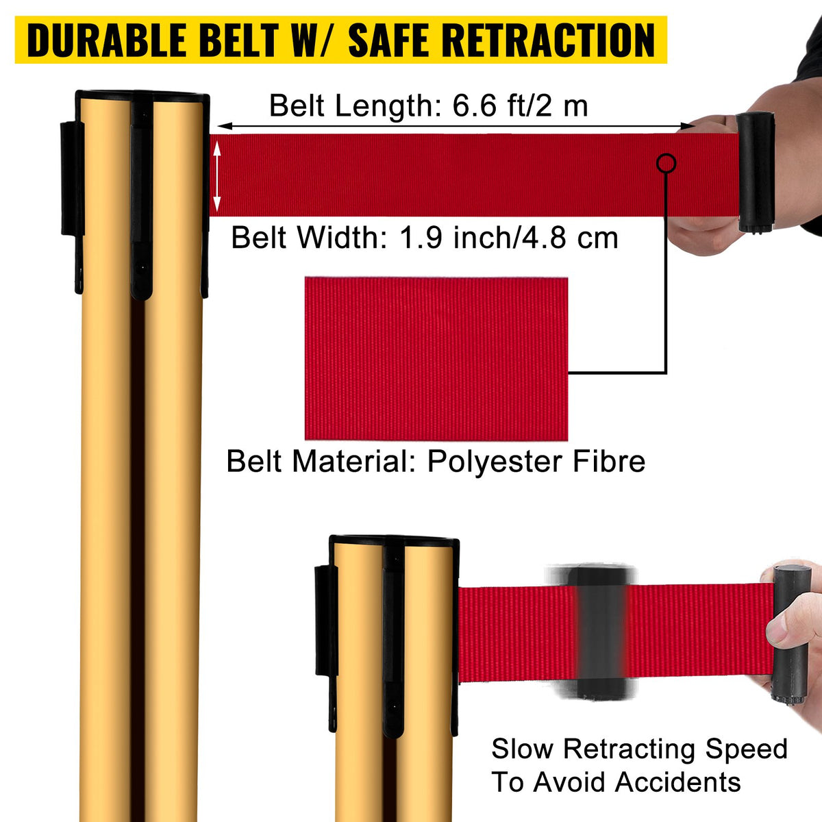 Stanchion Queue Barrier Set | 6 Stainless Steel Posts with Red Belts & Sign Frame | Gold Safety Line Dividers