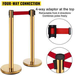 Stanchion Queue Barrier Set | 6 Stainless Steel Posts with Red Belts & Sign Frame | Gold Safety Line Dividers