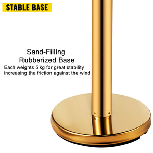 Stanchion Queue Barrier Set | 6 Stainless Steel Posts with Red Belts & Sign Frame | Gold Safety Line Dividers