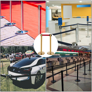 Stanchion Queue Barrier Set | 6 Stainless Steel Posts with Red Belts & Sign Frame | Gold Safety Line Dividers