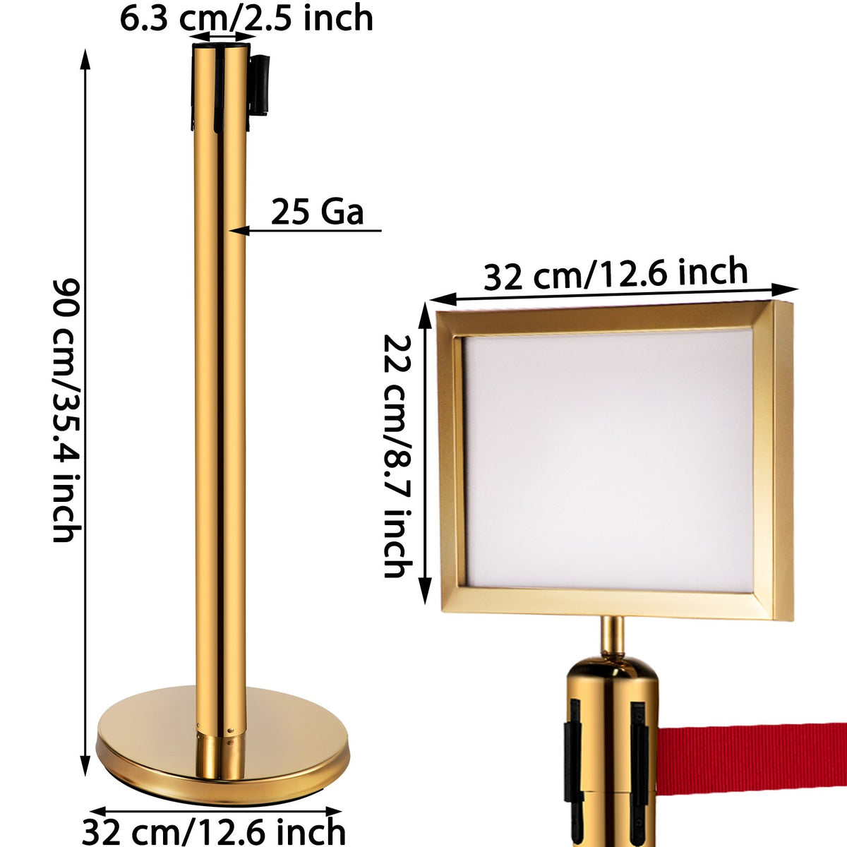 Stanchion Queue Barrier Set | 6 Stainless Steel Posts with Red Belts & Sign Frame | Gold Safety Line Dividers